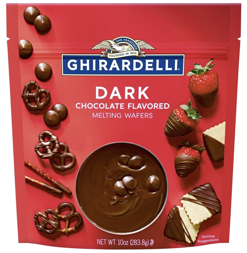 A package of Ghirardelli Dark Chocolate Flavored Melting Wafers, perfect for my favorite chocolate recipes—shown dipping strawberries, pretzels, and cookies in chocolate, with a bowl of melted chocolate in the center. Net weight: 10 oz (283.9 g).